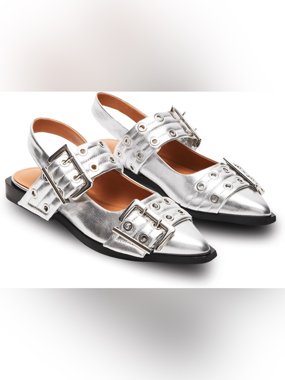 Pointed Toe Silver Metallic Belted Slingback Flats
